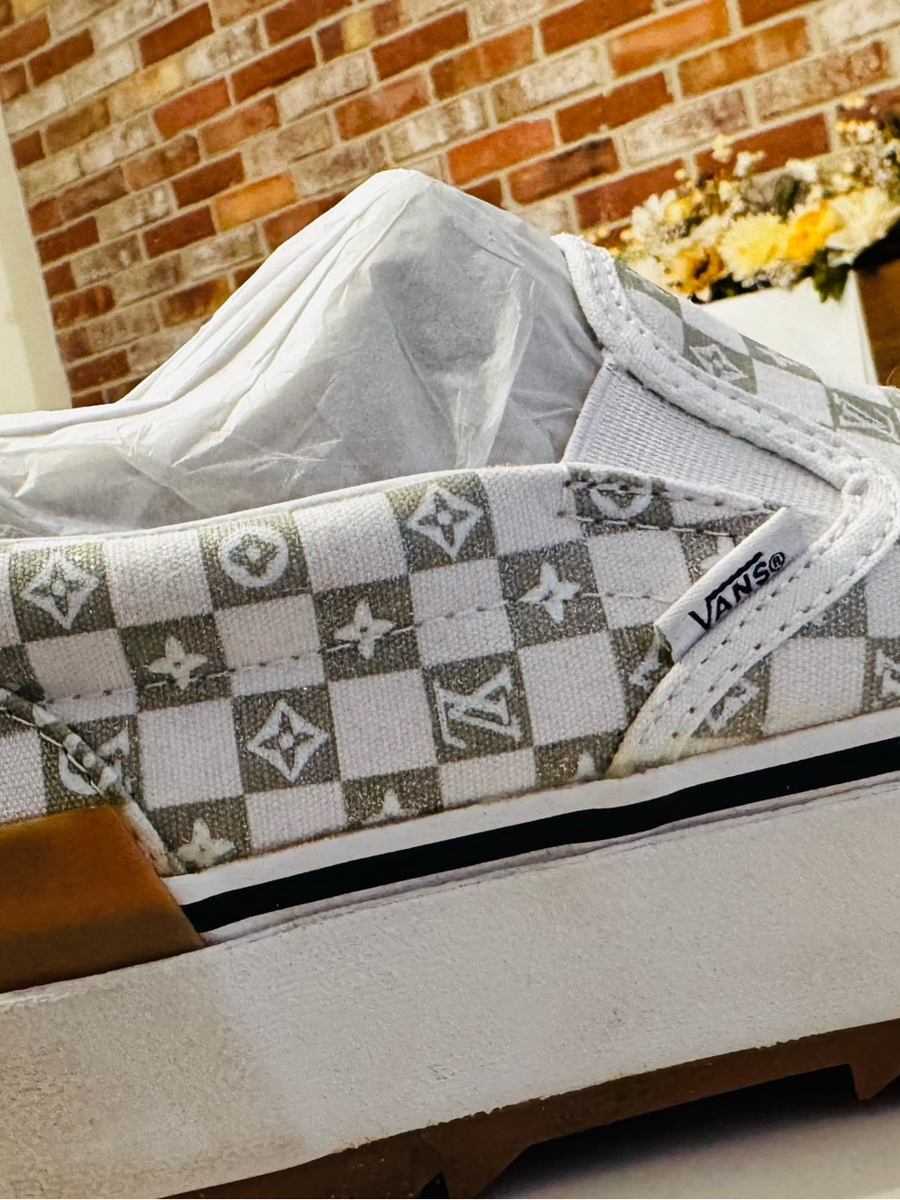 Custom Vans Slip-On Platform Sneakers - White & Olive Green Checkerboard - Picture 7 of 8